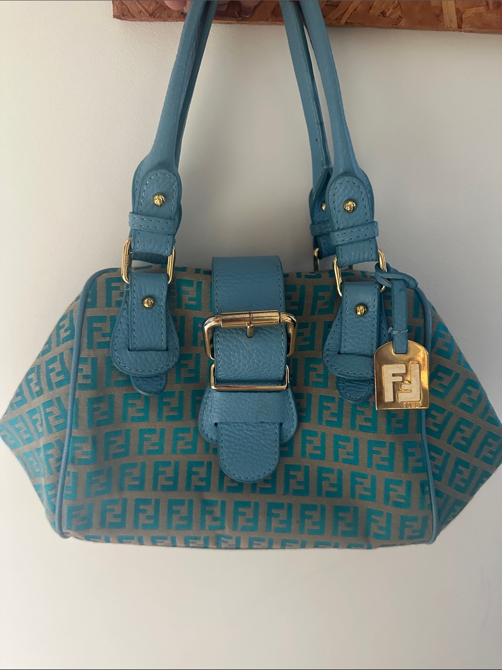 Designer-Pattern Blue and Brown Women’s Top-Handle Bag